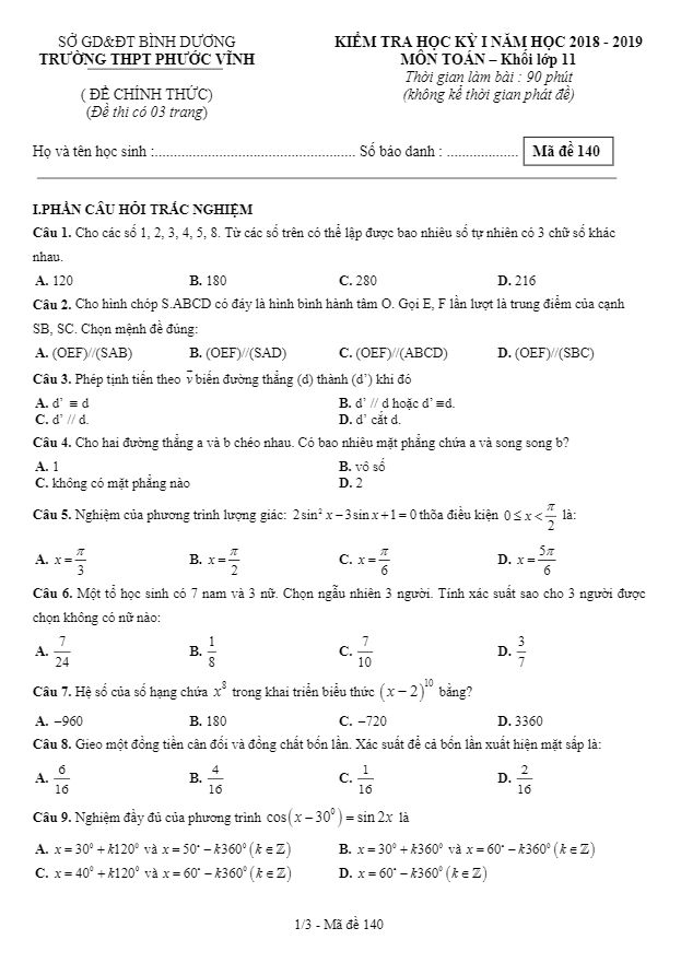 Đề kiểm tra học kỳ 1 Toán 11 năm 2018 – 2019 trường Phước Vĩnh – Bình Dương