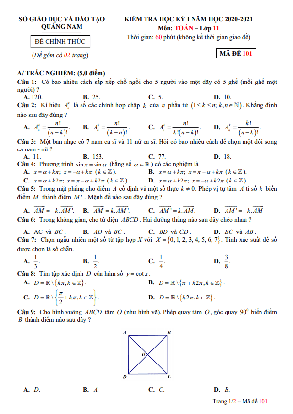 Đề kiểm tra học kỳ 1 Toán 11 năm 2020 – 2021 sở GD&ĐT Quảng Nam