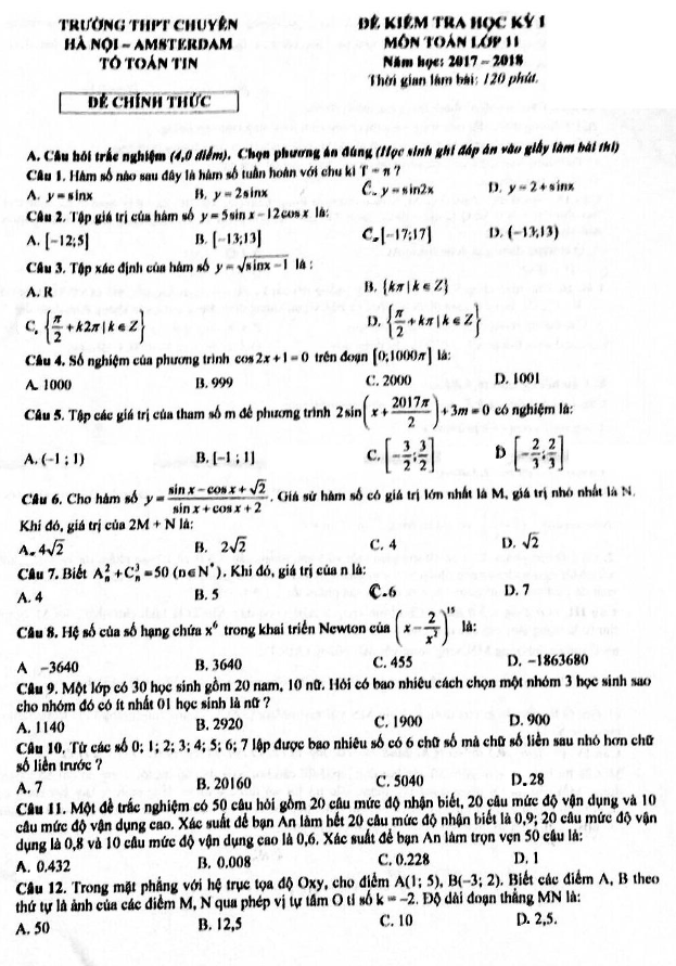 Đề kiểm tra học kỳ 1 Toán 11 năm học 2017 – 2018 trường THPT chuyên Hà Nội – Amsterdam