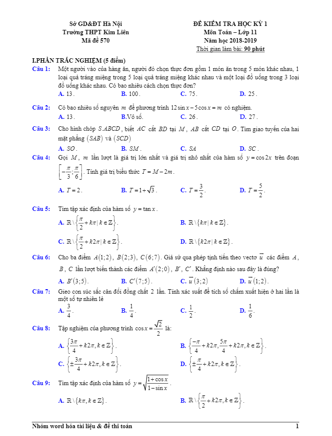Đề kiểm tra học kỳ 1 Toán 11 năm học 2018 – 2019 trường THPT Kim Liên – Hà Nội
