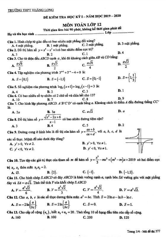 Đề kiểm tra học kỳ 1 Toán 12 năm 2019 – 2020 trường Thăng Long – Hà Nội