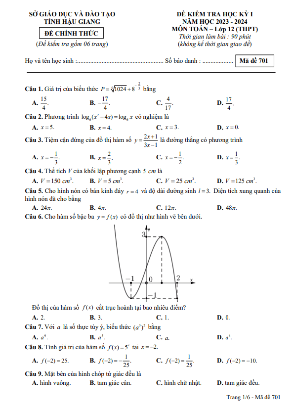 Đề kiểm tra học kỳ 1 Toán 12 năm 2023 – 2024 sở GD&ĐT Hậu Giang