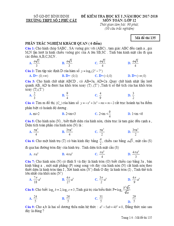 Đề kiểm tra học kỳ 1 Toán 12 năm học 2017 – 2018 trường THPT số 2 Phù Cát – Bình Định