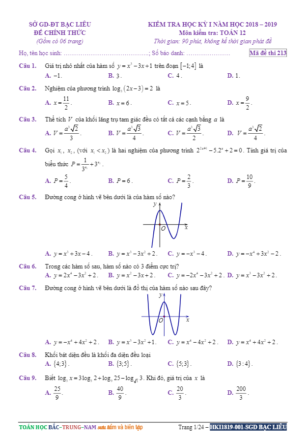 Đề kiểm tra học kỳ 1 Toán 12 năm học 2018 – 2019 sở GD và ĐT Bạc Liêu