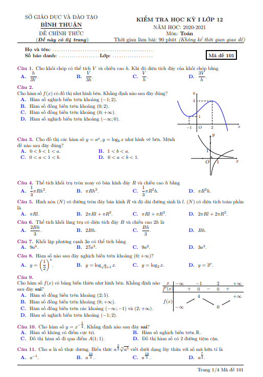 Đề kiểm tra học kỳ 1 Toán 12 năm học 2020 – 2021 sở GD&ĐT Bình Thuận