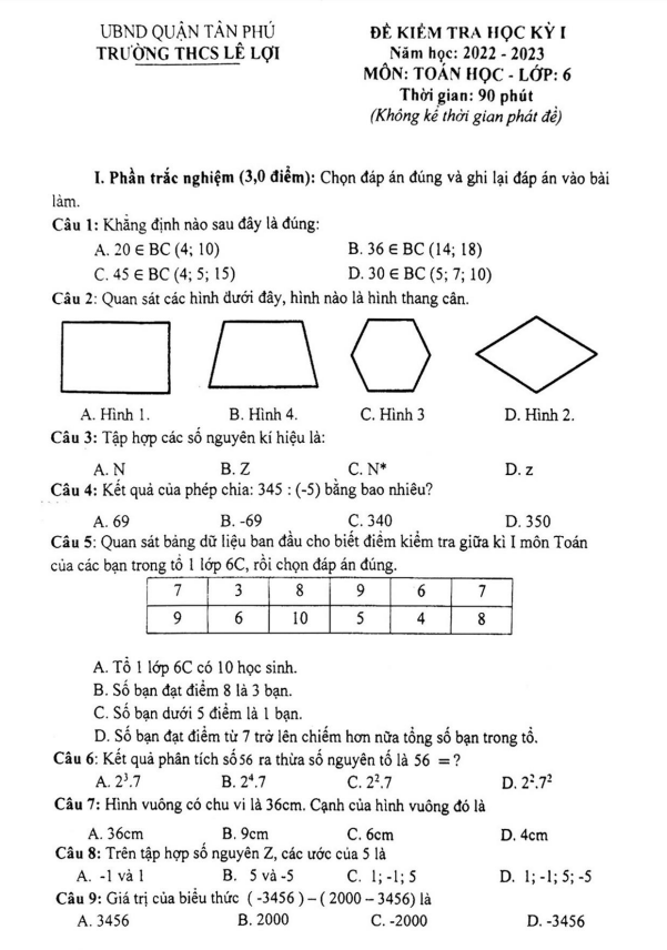 Đề kiểm tra học kỳ 1 Toán 6 năm 2022 – 2023 trường THCS Lê Lợi – TP HCM