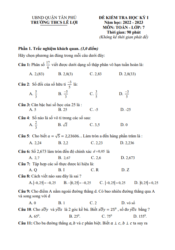 Đề kiểm tra học kỳ 1 Toán 7 năm 2022 – 2023 trường THCS Lê Lợi – TP HCM