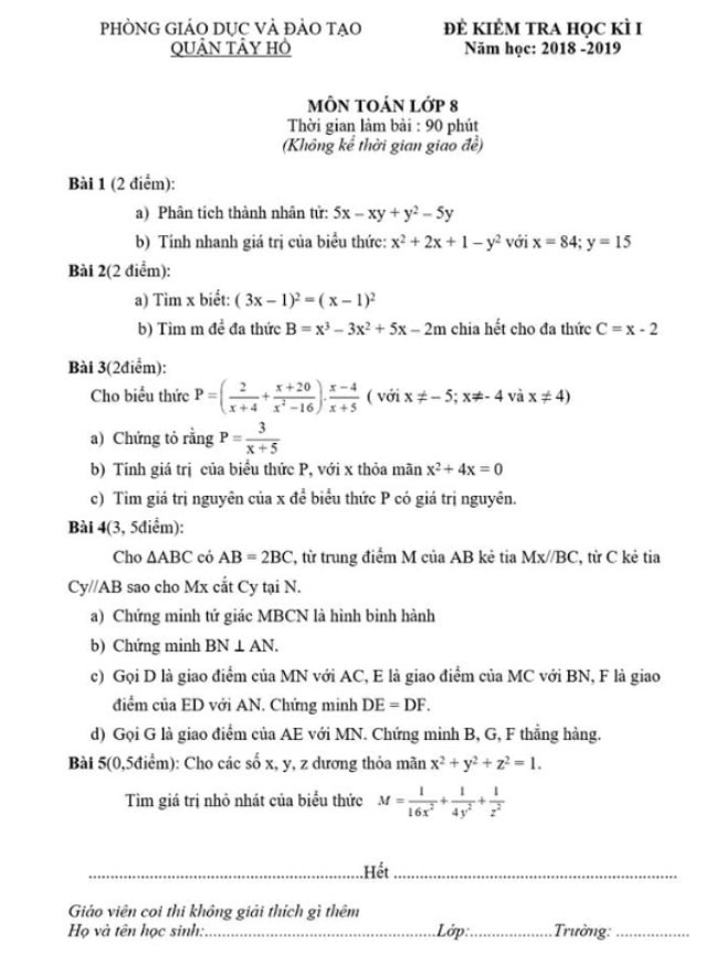 Đề kiểm tra học kỳ 1 Toán 8 năm 2018 – 2019 phòng GD&ĐT Tây Hồ – Hà Nội