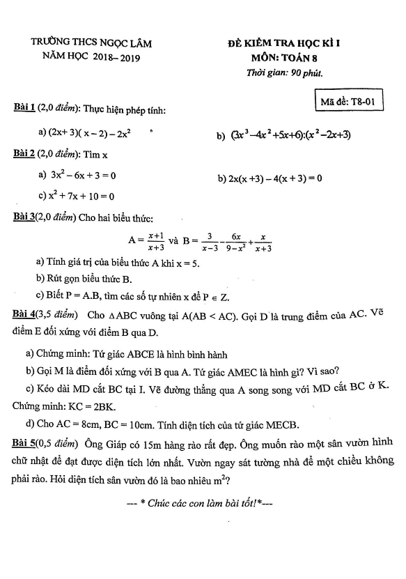 Đề kiểm tra học kỳ 1 Toán 8 năm 2018 – 2019 trường THCS Ngọc Lâm – Hà Nội
