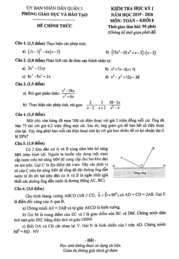 Đề kiểm tra học kỳ 1 Toán 8 năm 2019 – 2020 phòng GD&ĐT Quận 3 – TP HCM