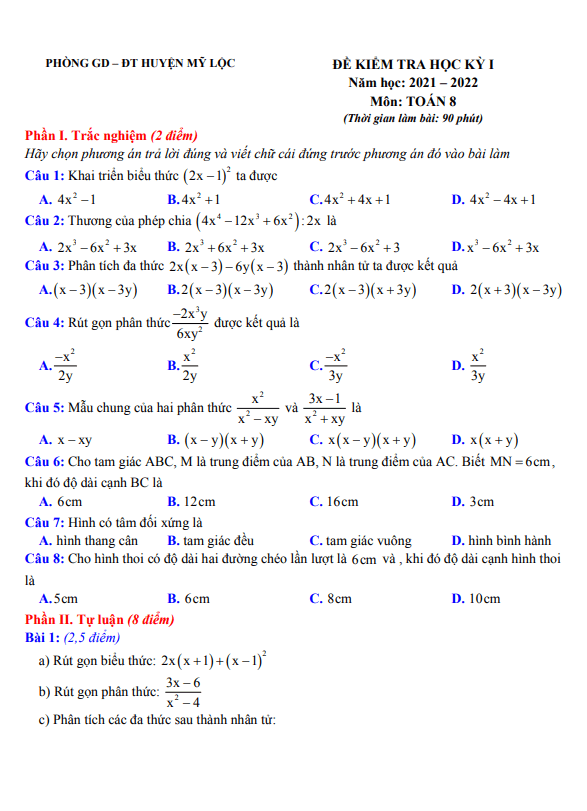 Đề kiểm tra học kỳ 1 Toán 8 năm 2021 – 2022 phòng GD&ĐT Mỹ Lộc – Nam Định
