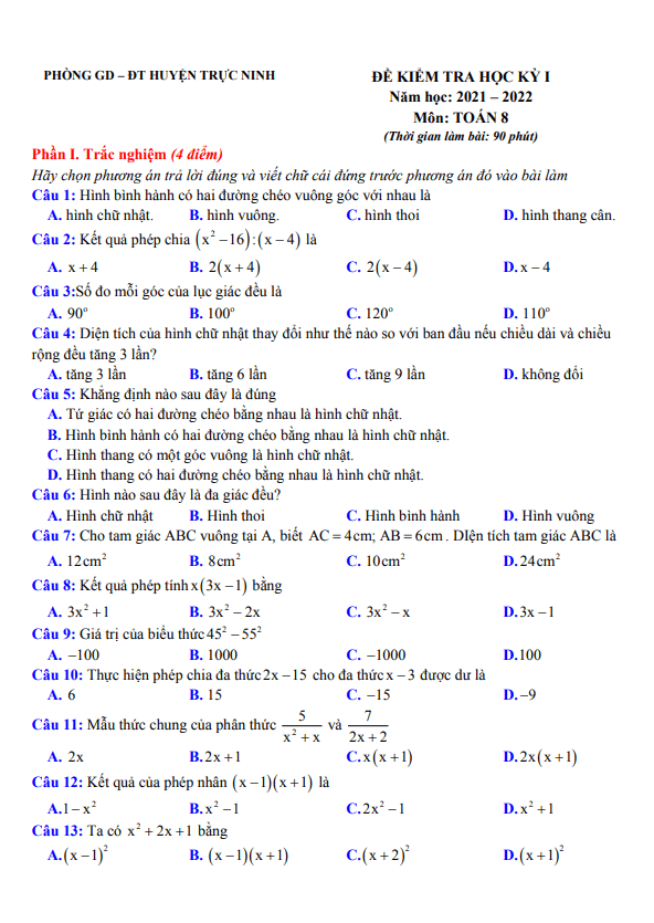 Đề kiểm tra học kỳ 1 Toán 8 năm 2021 – 2022 phòng GD&ĐT Trực Ninh – Nam Định