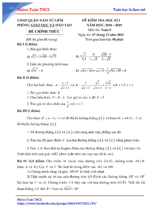 Đề kiểm tra học kỳ 1 Toán 9 năm 2018 – 2019 phòng GD và ĐT Nam Từ Liêm – Hà Nội