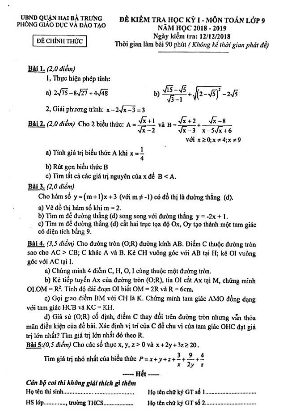 Đề kiểm tra học kỳ 1 Toán 9 năm 2018 – 2019 phòng GD&ĐT Hai Bà Trưng – Hà Nội