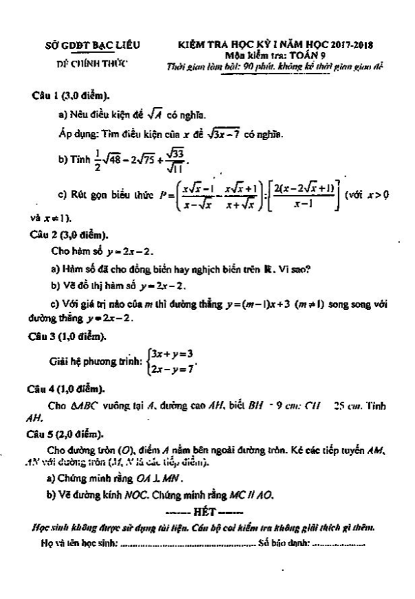 Đề kiểm tra học kỳ 1 Toán 9 năm học 2017 – 2018 sở GD và ĐT Bạc Liêu