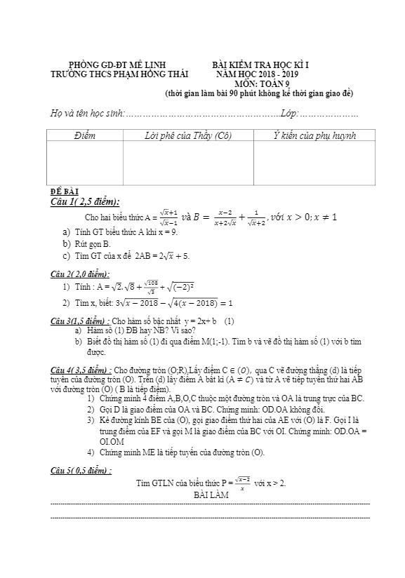 Đề kiểm tra học kỳ 1 Toán 9 năm học 2018 – 2019 trường THCS Phạm Hồng Thái – Hà Nội