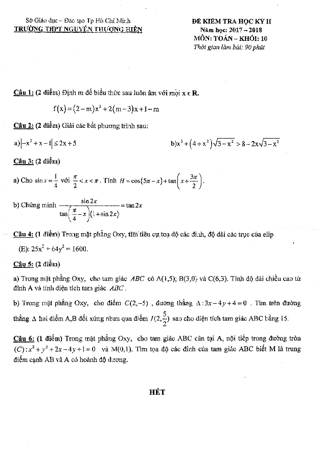 Đề kiểm tra học kỳ 2 Toán 10 năm 2017 – 2018 trường Nguyễn Thượng Hiền – TP. HCM