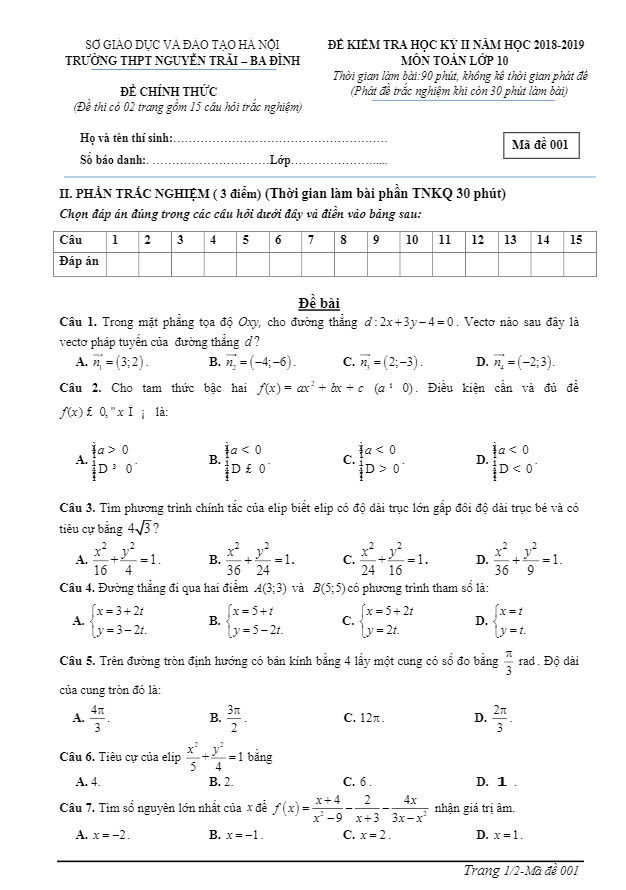 Đề kiểm tra học kỳ 2 Toán 10 năm 2018 – 2019 trường Nguyễn Trãi – Hà Nội