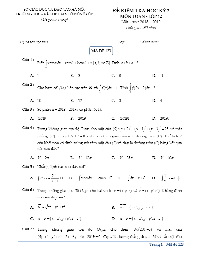 Đề kiểm tra học kỳ 2 Toán 12 năm 2018 – 2019 trường M.V Lômônôxốp – Hà Nội