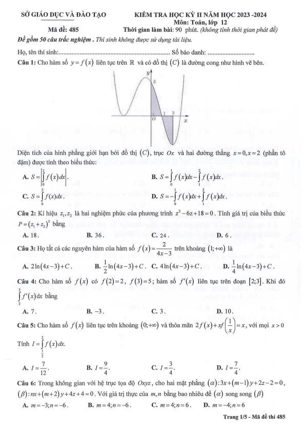 Đề kiểm tra học kỳ 2 Toán 12 năm 2023 – 2024 sở GD&ĐT Bình Dương