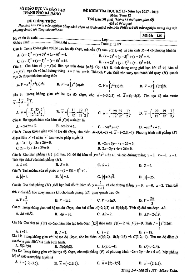 Đề kiểm tra học kỳ 2 Toán 12 năm học 2017 – 2018 sở GD và ĐT Đà Nẵng
