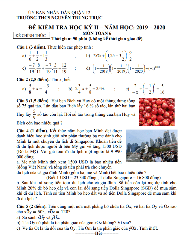 Đề kiểm tra học kỳ 2 Toán 6 năm 2019 – 2020 trường THCS Nguyễn Trung Trực – TP HCM