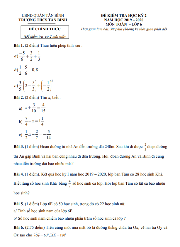 Đề kiểm tra học kỳ 2 Toán 6 năm 2019 – 2020 trường THCS Tân Bình – TP HCM