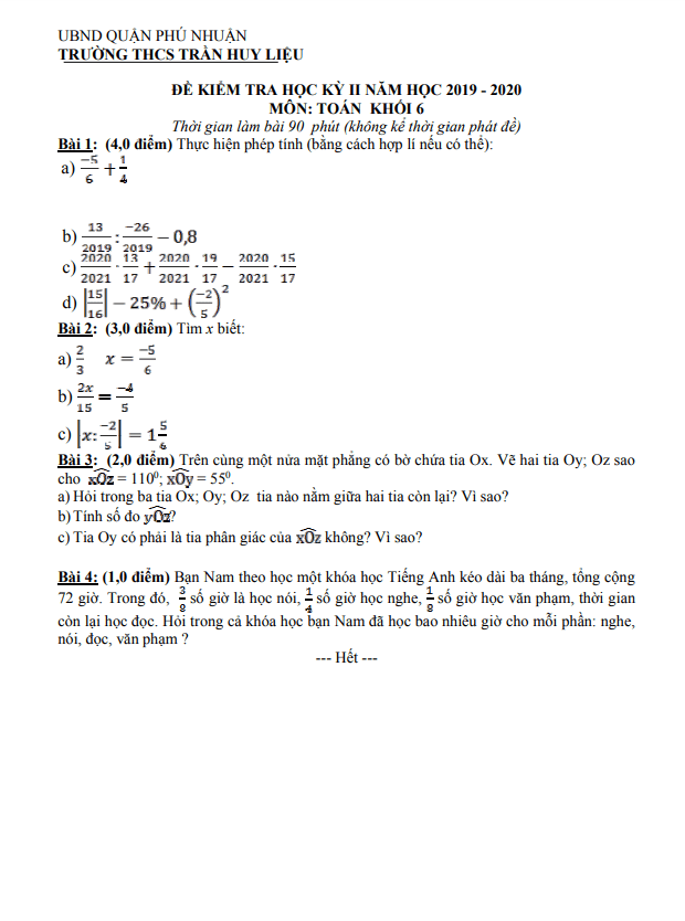 Đề kiểm tra học kỳ 2 Toán 6 năm 2019 – 2020 trường THCS Trần Huy Liệu – TP HCM