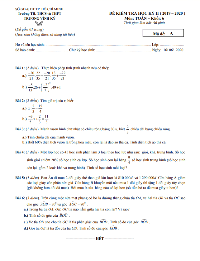 Đề kiểm tra học kỳ 2 Toán 6 năm 2019 – 2020 trường Trương Vĩnh Ký – TP HCM