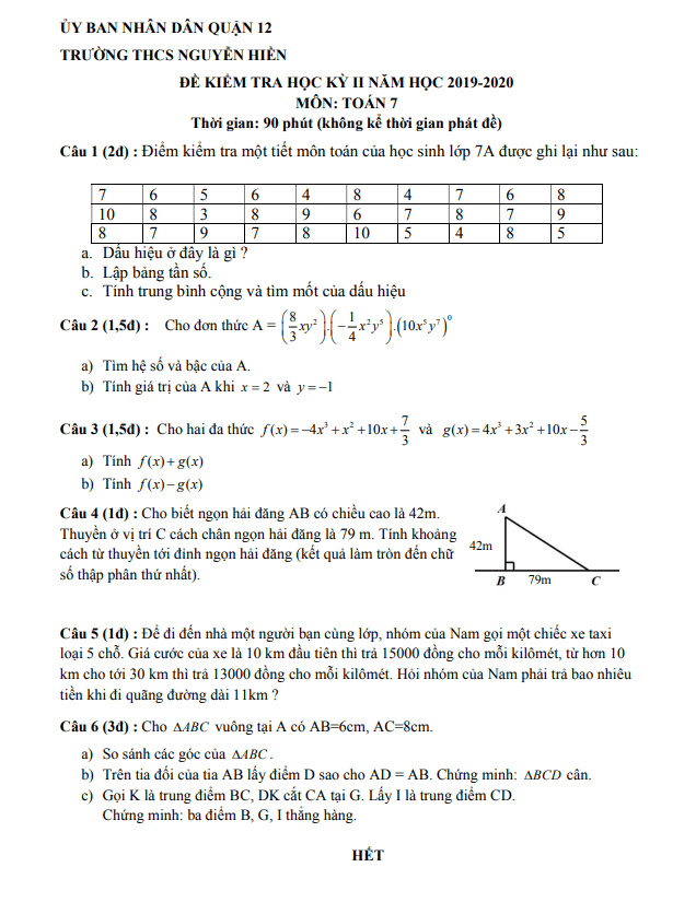 Đề kiểm tra học kỳ 2 Toán 7 năm 2019 – 2020 trường THCS Nguyễn Hiền – TP HCM
