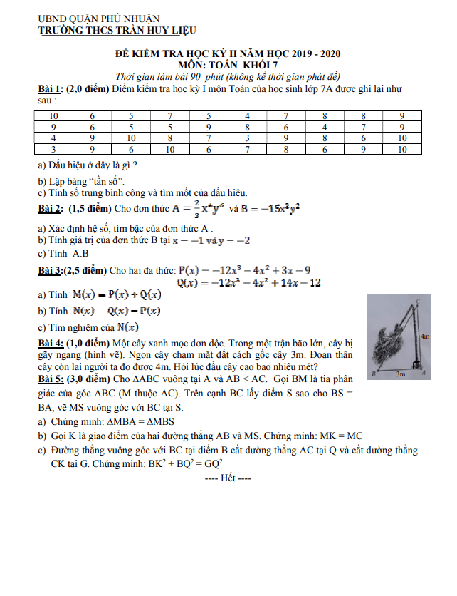 Đề kiểm tra học kỳ 2 Toán 7 năm 2019 – 2020 trường THCS Trần Huy Liệu – TP HCM