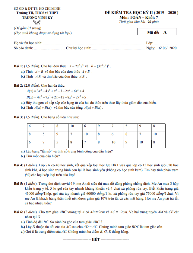 Đề kiểm tra học kỳ 2 Toán 7 năm 2019 – 2020 trường Trương Vĩnh Ký – TP HCM