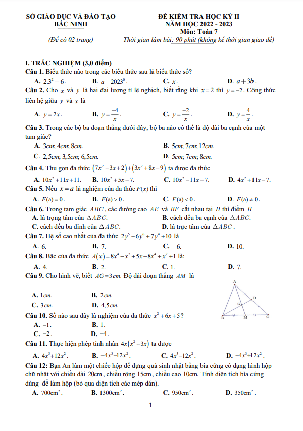 Đề kiểm tra học kỳ 2 Toán 7 năm 2022 – 2023 sở GD&ĐT Bắc Ninh