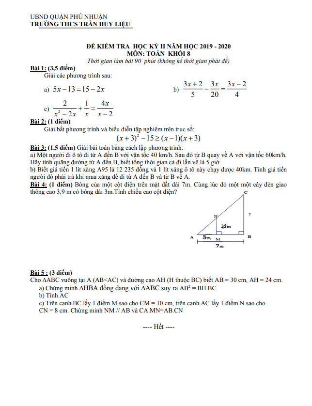 Đề kiểm tra học kỳ 2 Toán 8 năm 2019 – 2020 trường THCS Trần Huy Liệu – TP HCM