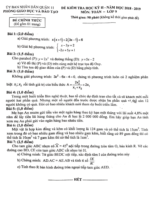 Đề kiểm tra học kỳ 2 Toán 9 năm 2018 – 2019 phòng GD&ĐT Quận 11 – TP HCM