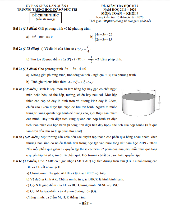 Đề kiểm tra học kỳ 2 Toán 9 năm 2019 – 2020 trường THCS Đức Trí – TP HCM