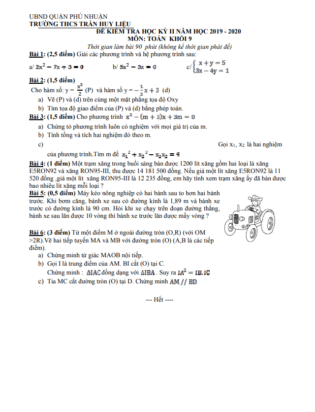 Đề kiểm tra học kỳ 2 Toán 9 năm 2019 – 2020 trường THCS Trần Huy Liệu – TP HCM