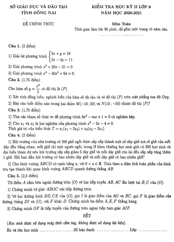 Đề kiểm tra học kỳ 2 Toán 9 năm 2020 – 2021 sở GD&ĐT tỉnh Đồng Nai