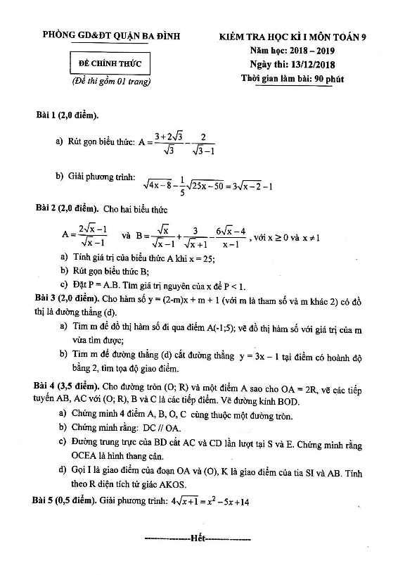 Đề kiểm tra học kỳ I Toán 9 năm học 2018 – 2019 phòng GD&ĐT Ba Đình – Hà Nội