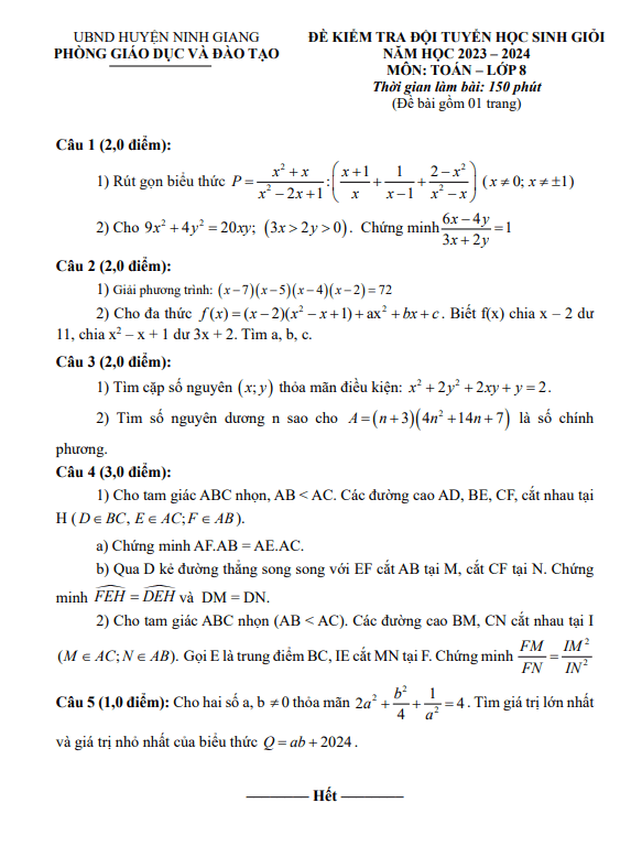 Đề kiểm tra HSG Toán 8 năm 2023 – 2024 phòng GD&ĐT Ninh Giang – Hải Dương