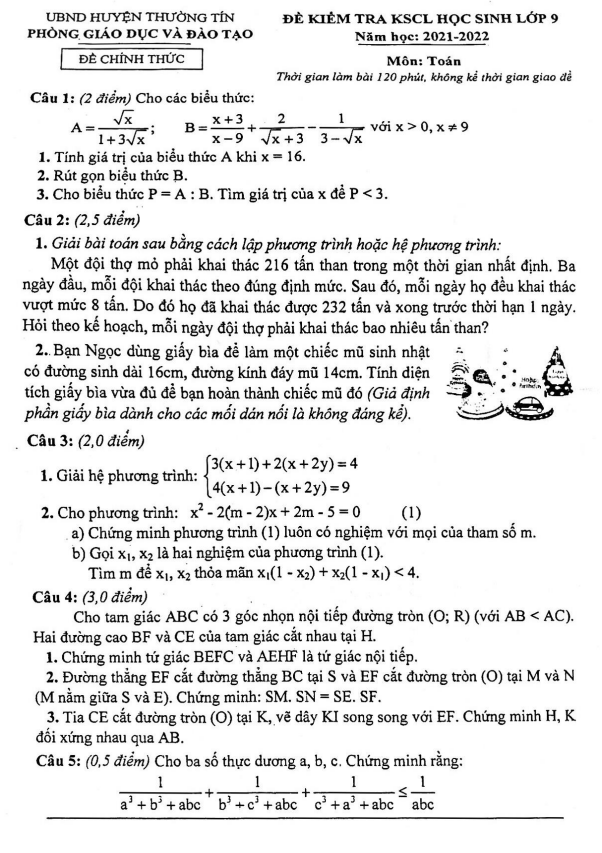 Đề kiểm tra KSCL Toán 9 năm 2021 – 2022 phòng GD&ĐT Thường Tín – Hà Nội
