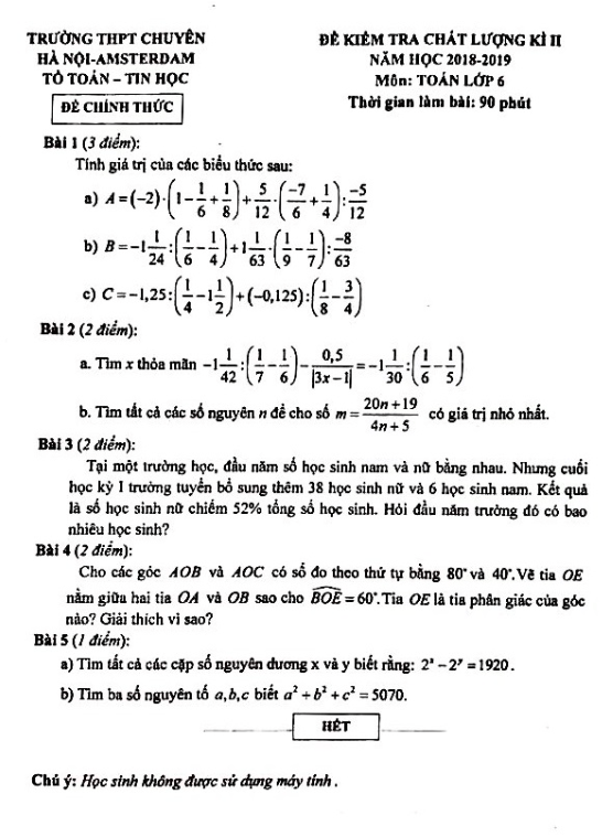 Đề kiểm tra kỳ 2 Toán 6 năm 2018 – 2019 trường chuyên Hà Nội – Amsterdam
