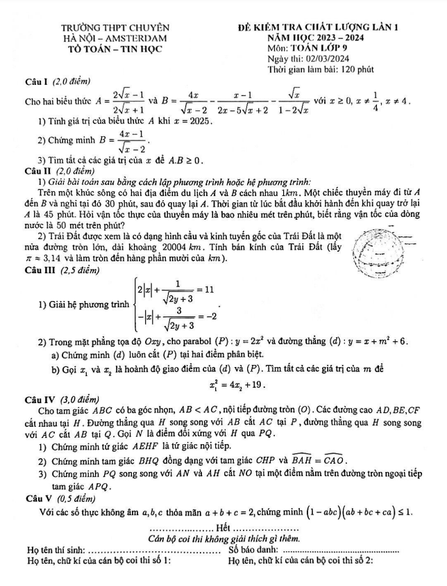 Đề kiểm tra lần 1 Toán 9 năm 2023 – 2024 trường chuyên Hà Nội – Amsterdam