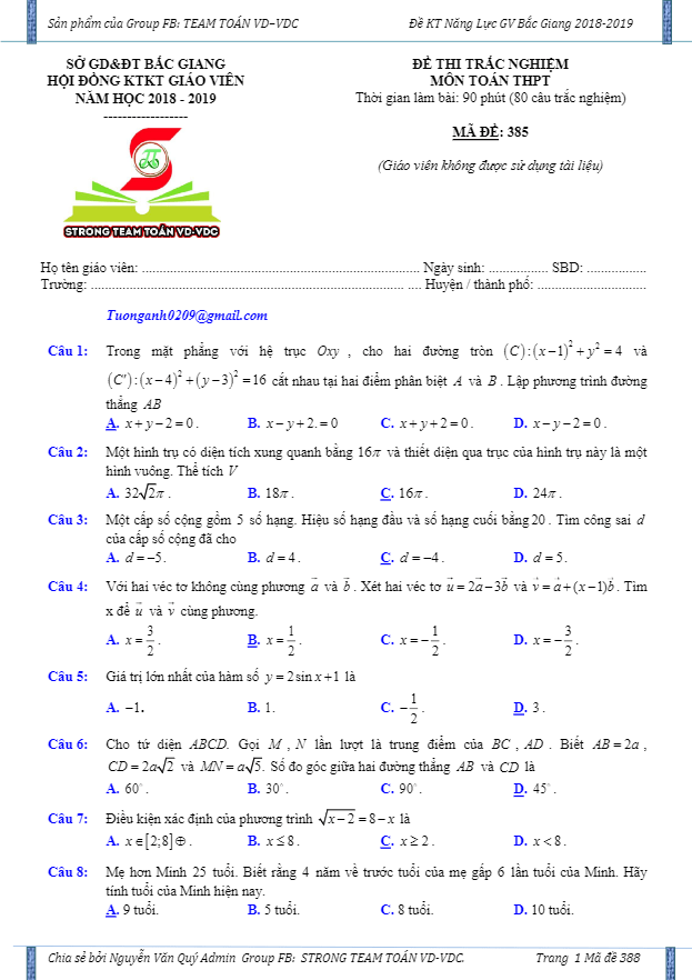 Đề kiểm tra năng lực giáo viên môn Toán năm 2018 – 2019 sở GD và ĐT Bắc Giang