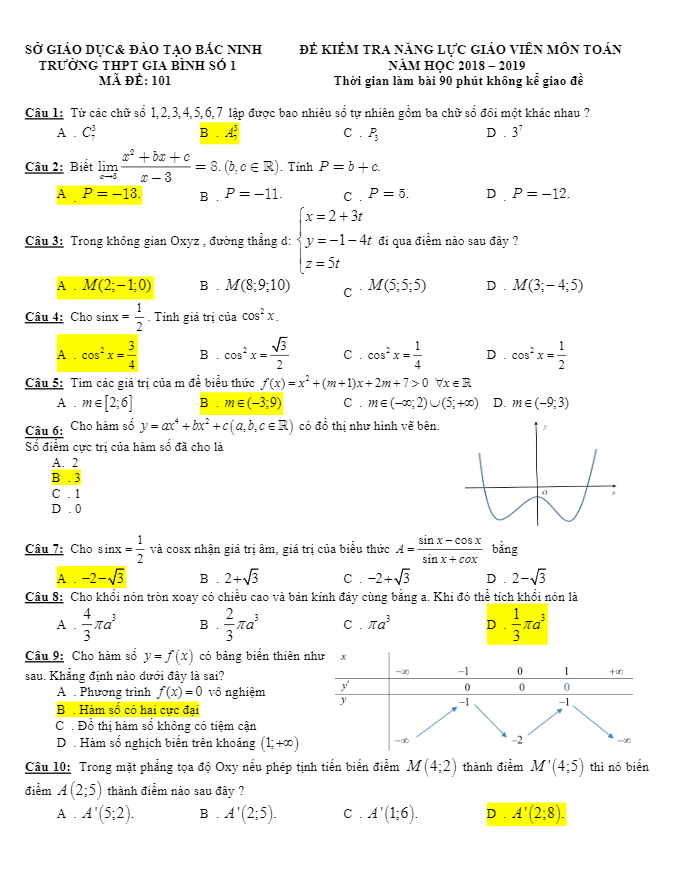 Đề kiểm tra năng lực giáo viên môn Toán năm 2018 – 2019 trường Gia Bình 1 – Bắc Ninh
