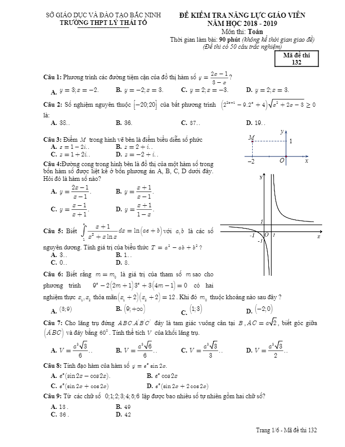 Đề kiểm tra năng lực giáo viên môn Toán năm 2018 – 2019 trường Lý Thái Tổ – Bắc Ninh
