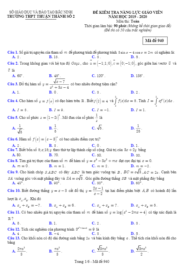 Đề kiểm tra năng lực giáo viên Toán năm 2019 – 2020 trường Thuận Thành 2 – Bắc Ninh