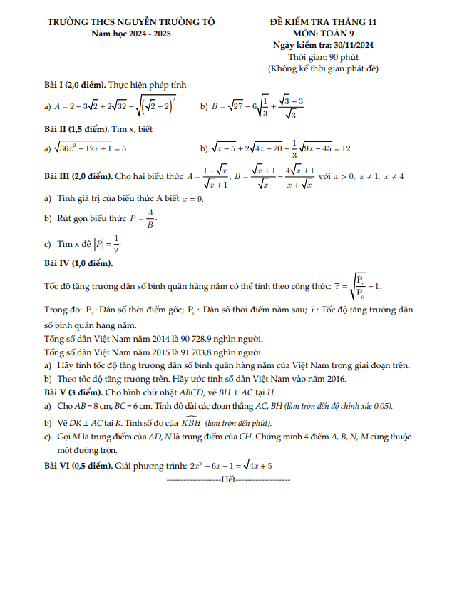 Đề kiểm tra tháng 11 Toán 9 năm 2024 – 2025 trường THCS Nguyễn Trường Tộ – Hà Nội