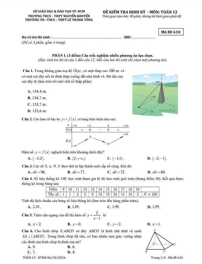 Đề kiểm tra Toán 12 năm 2024 – 2025 trường Nguyễn Khuyến & Lê Thánh Tông – TP HCM (06/10/2024)