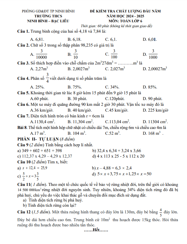 Đề kiểm tra Toán 6 đầu năm 2024 – 2025 trường THCS Ninh Bình – Bạc Liêu – Ninh Bình